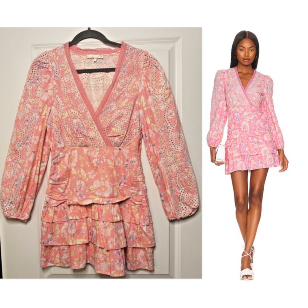 LoveShackFancy Size 4 SMALL Kari Pink Floral Eyelet Mini Dress Long Sleeve